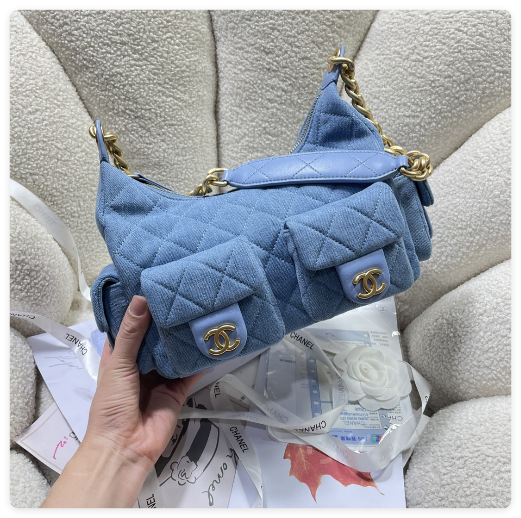 ch*el cruise 2024/25 large hobo bag washed De*1m & gold-tone metal blue  22x 31x 15cm