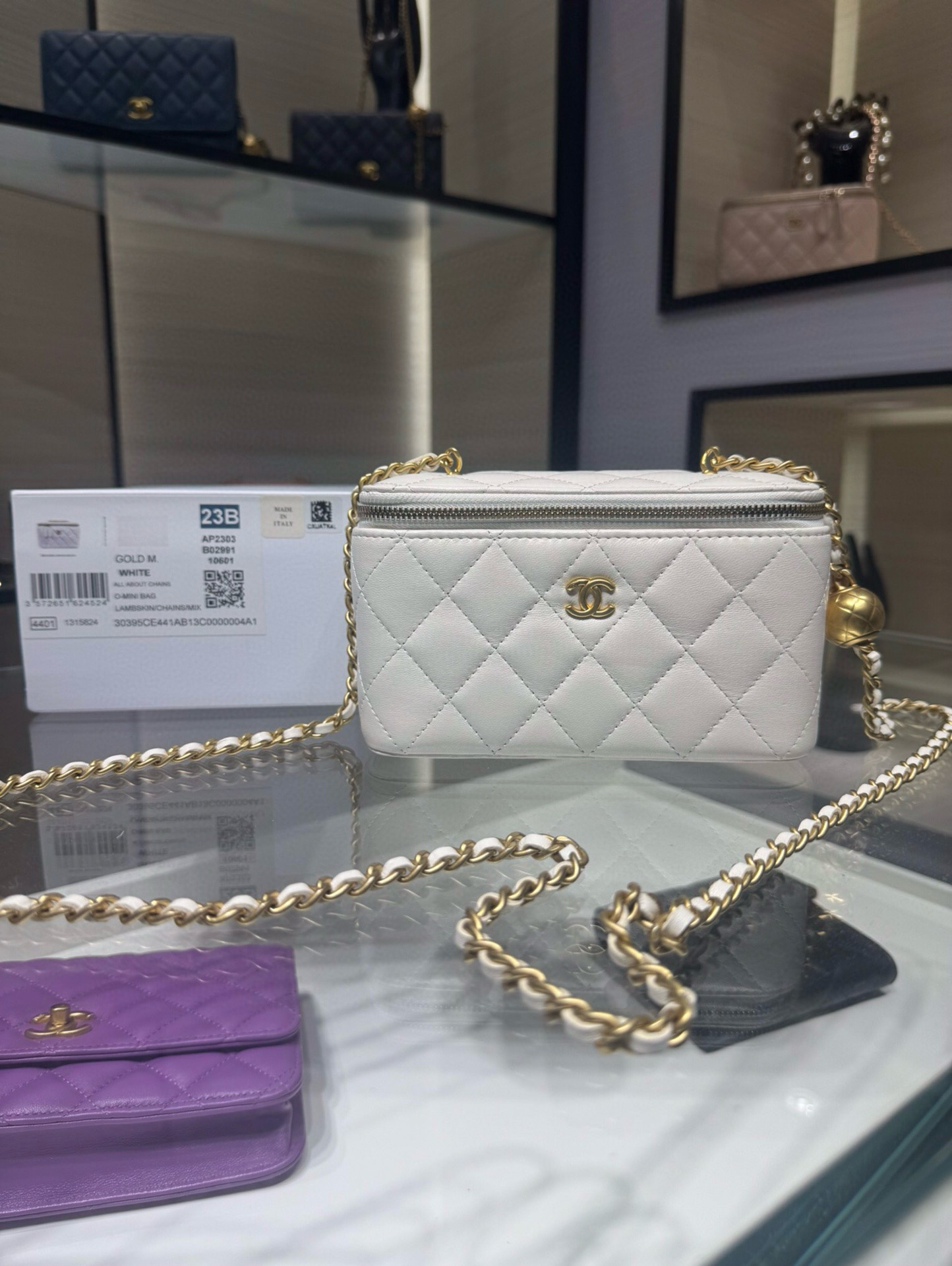 Ch*el walnut gold ball chain with makeup mirror lamb leather square box shoulder bag women