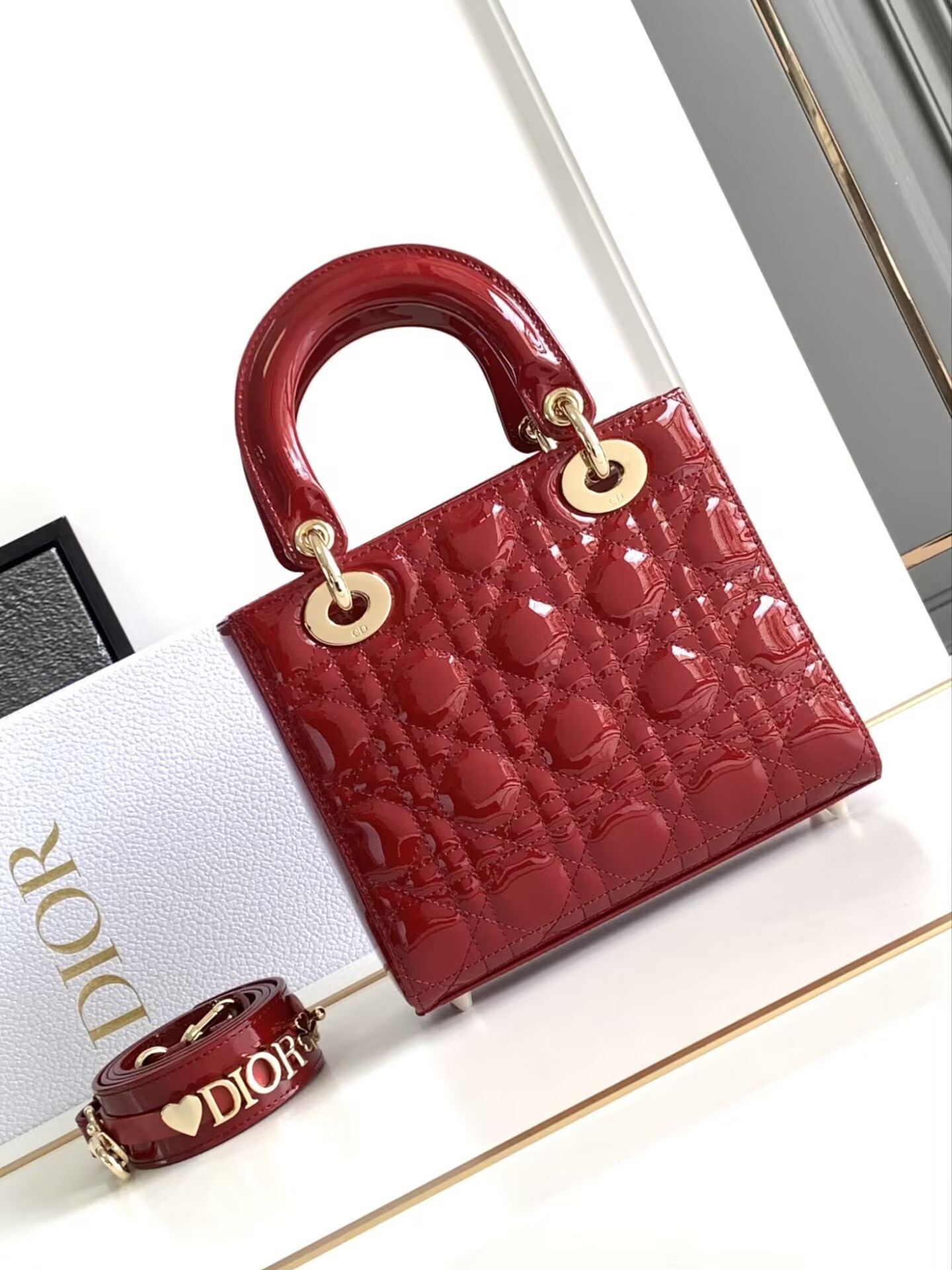small lady D*or my abcD*or bag red patent 8 x 6.5 x 3 inches