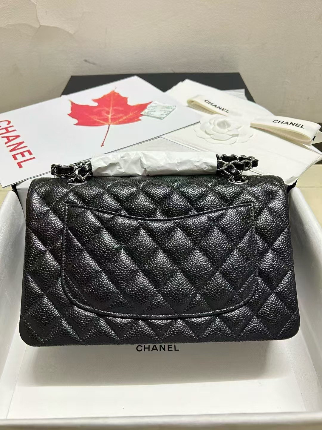 Ch*el small classic handbag grained calfskin & silver-tone metal black 5.7 × 9 × 2.3 in