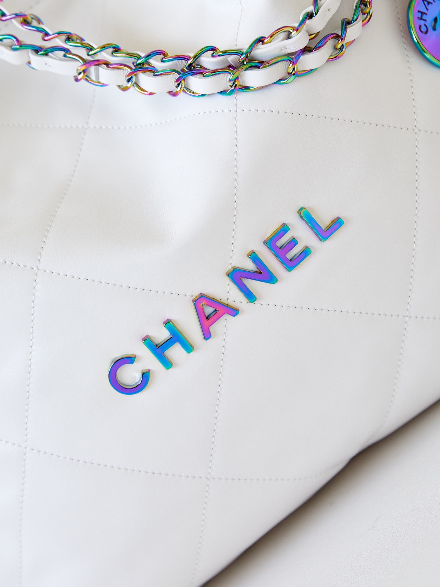 Ch*el 22 small handbag shiny calfskin & rainbow metal white 15.2×16.4×3.1 in