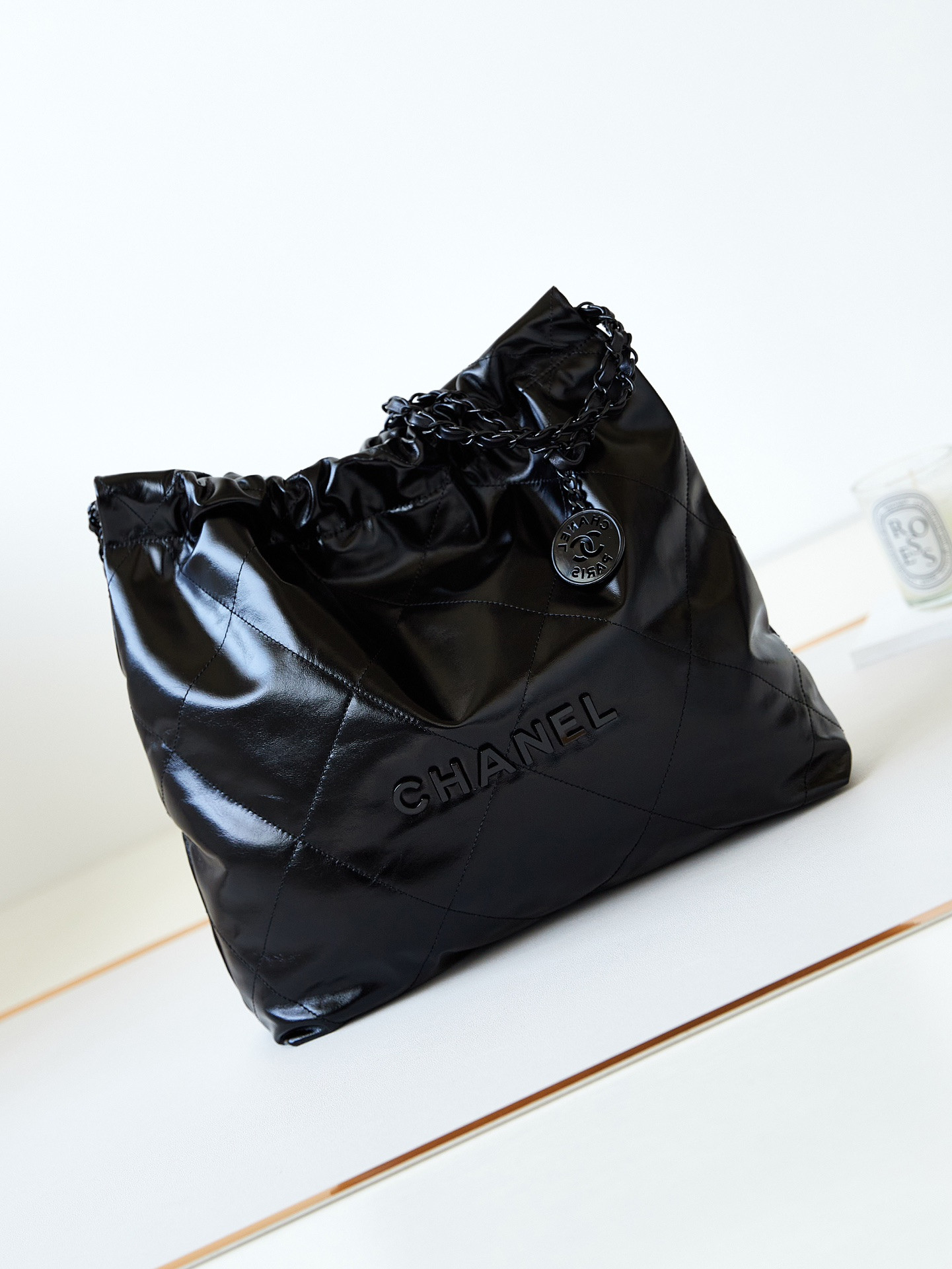 Ch*el 22 small handbag shiny calfskin all black 13.7×14.4×2.7 in