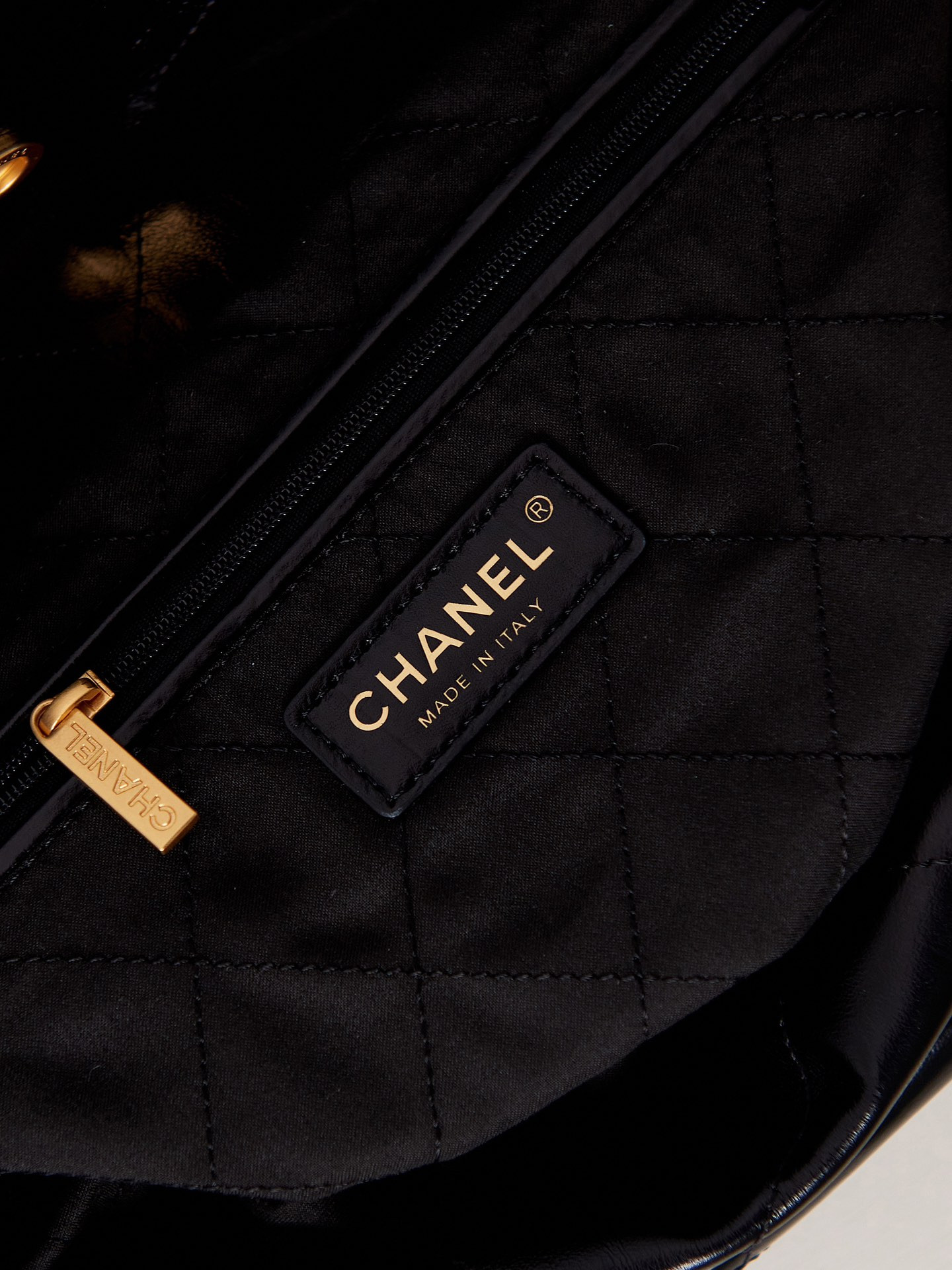Ch*el 22 handbag shiny calfskin & gold-tone metal black 15.2×16.4×3.1 in