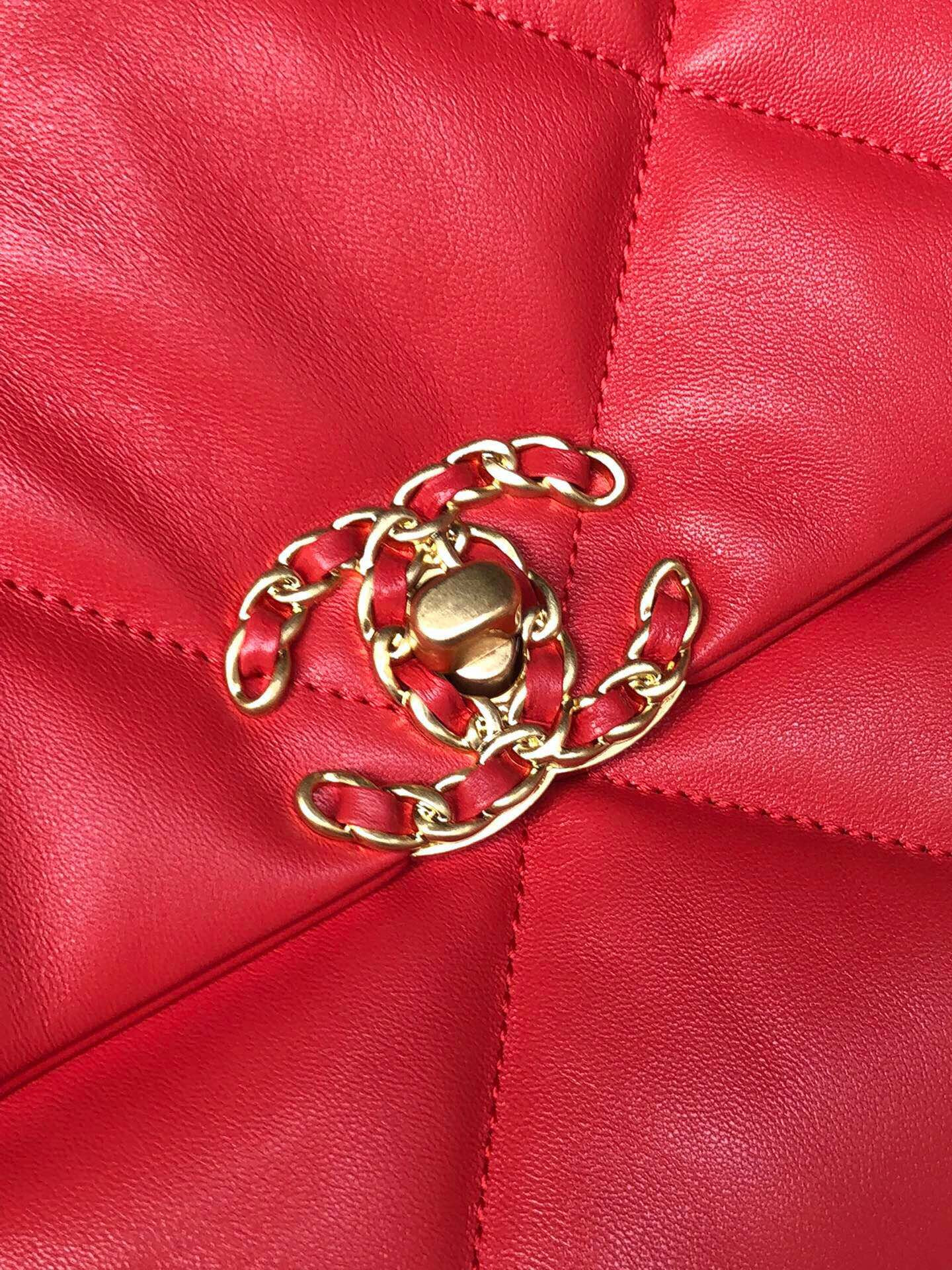 Ch*el 19 large handbag shiny leather red, gold-tone, silver-tone & ruthenium-finish metal 7.8 × 11.7 × 3.9 in