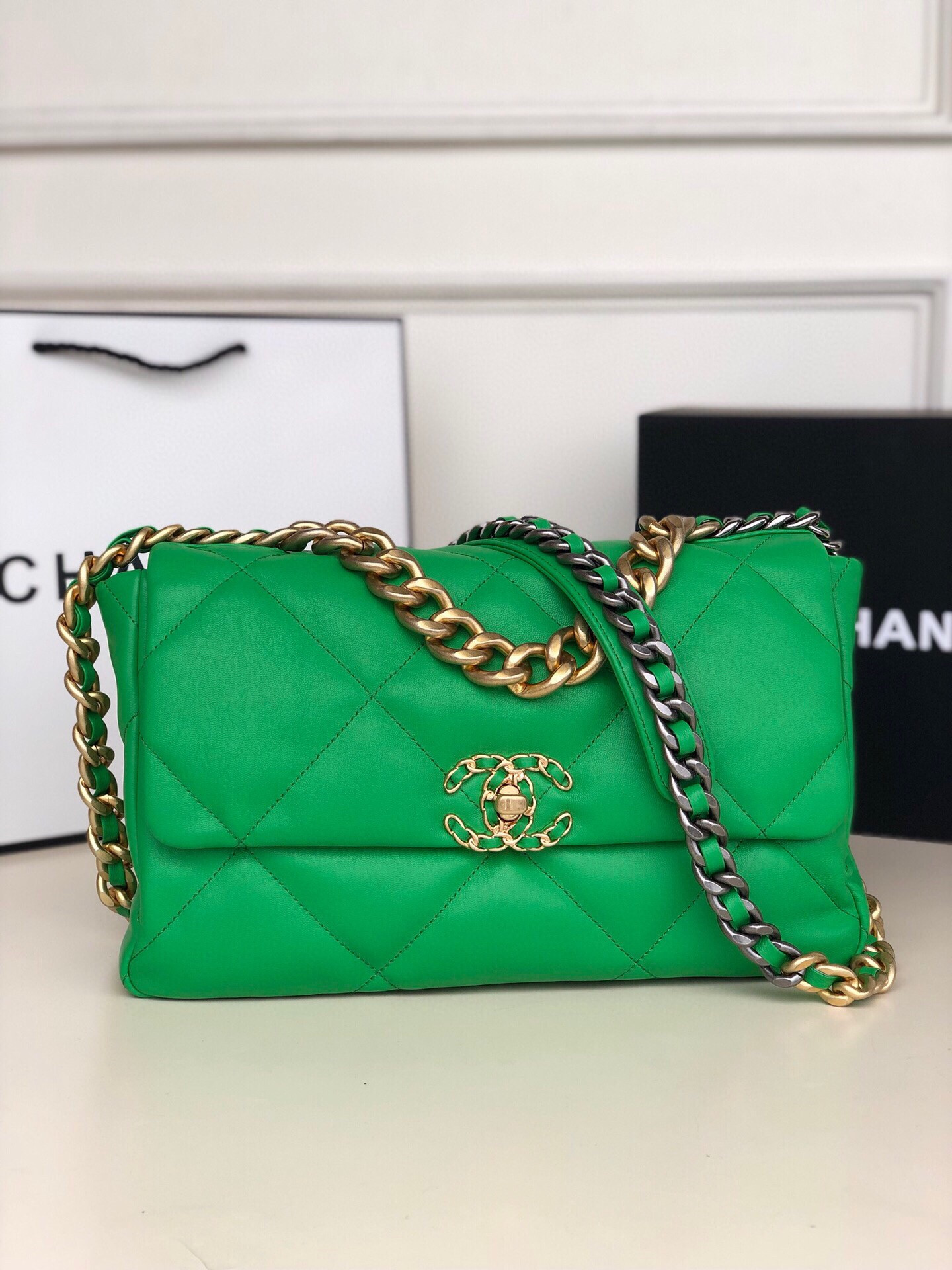 Ch*el 19 large handbag shiny leather, gold-tone, silver-tone & ruthenium-finish metal green 7.8 × 11.7 × 3.9 in