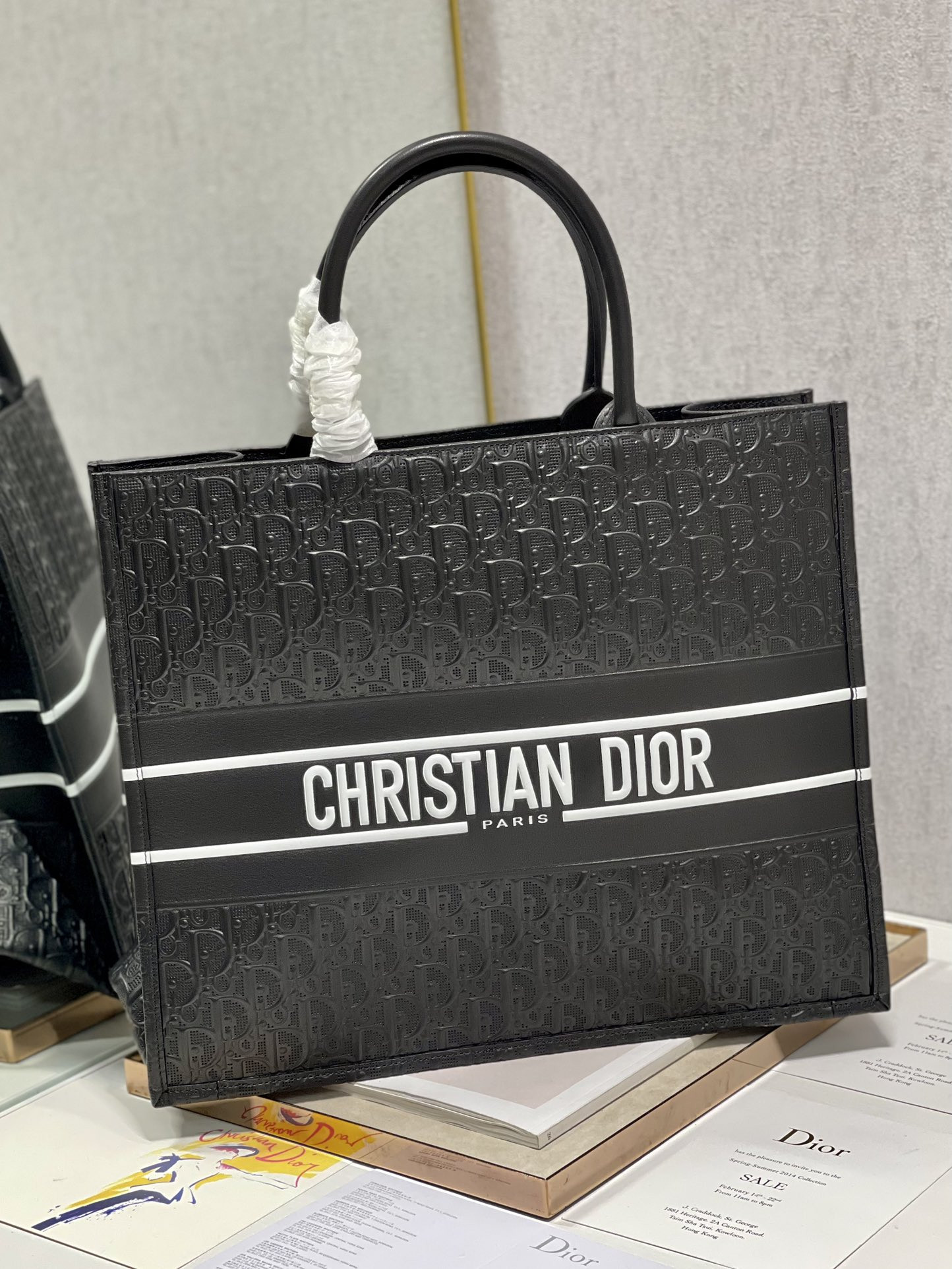 large D*or book tote black white D*or oblique embossed calfskin 16.5 x 14 x 7.5 inches