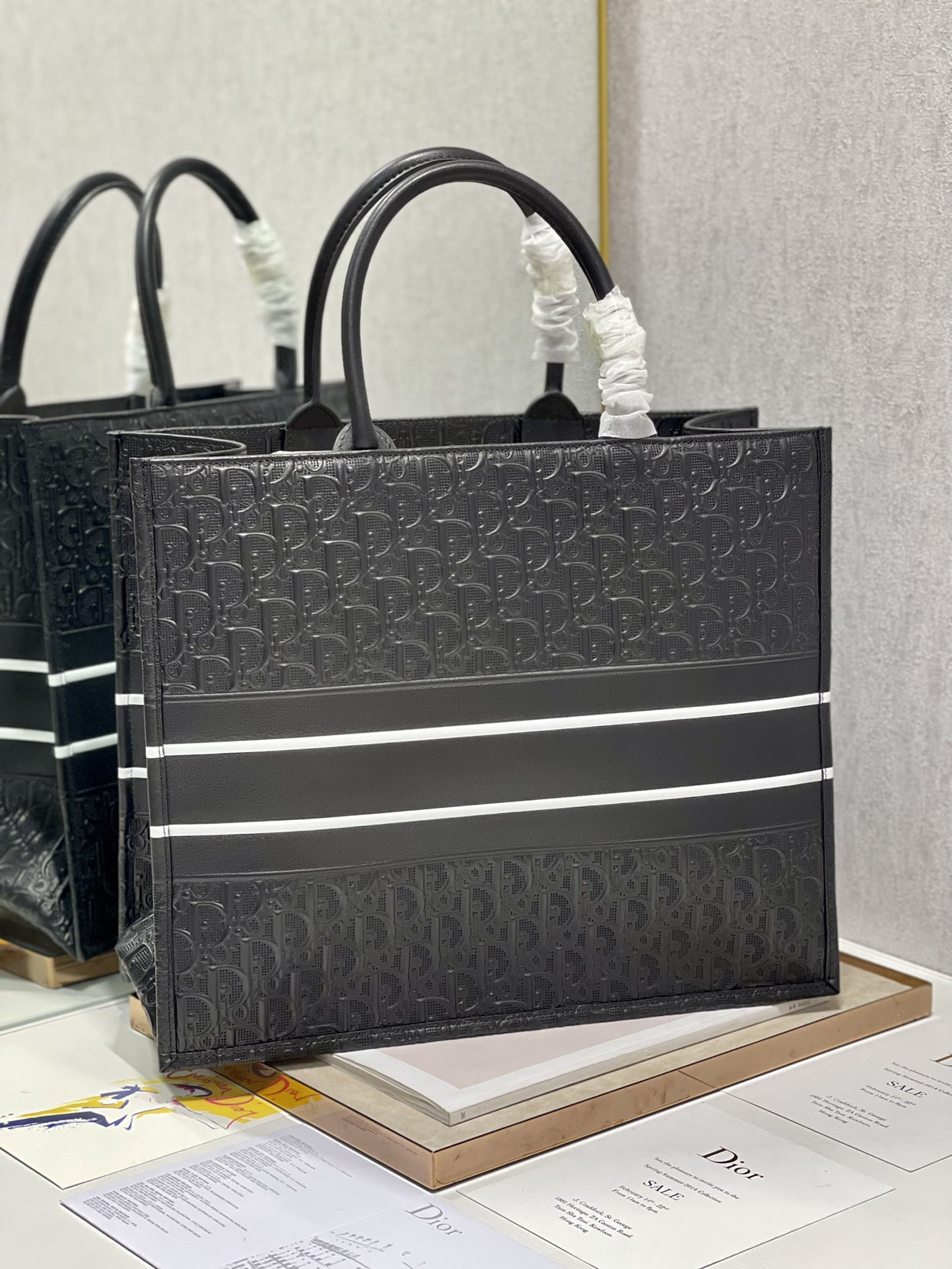 large D*or book tote black white D*or oblique embossed calfskin 16.5 x 14 x 7.5 inches