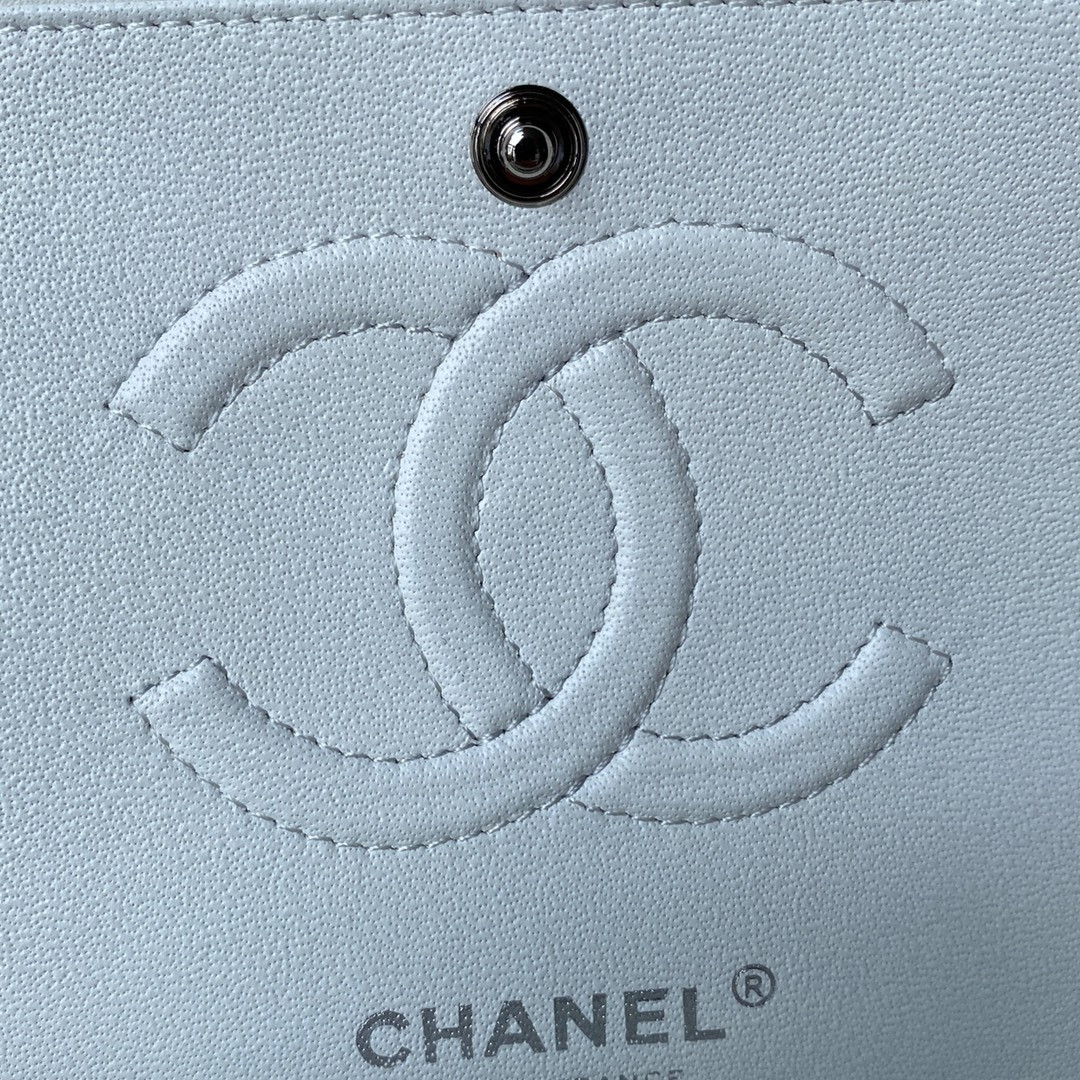 Ch*el classic handbag grained shiny calfskin & silver-tone metal white 6 × 9.9 × 2.5 in