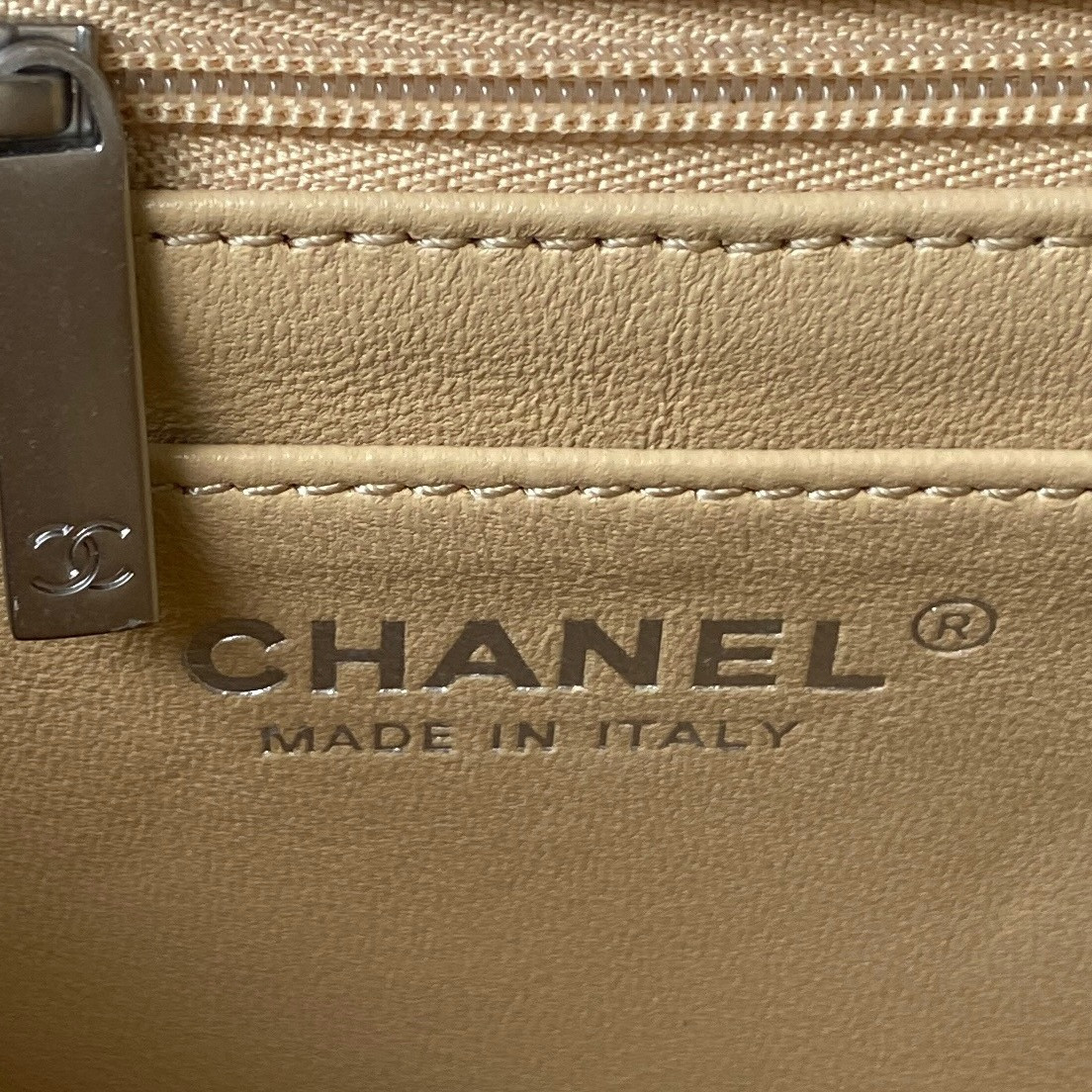 Ch*el mini flap bag shiny calfskin & silver-tone metal coffee 5.3 × 6.6 × 3.1 in