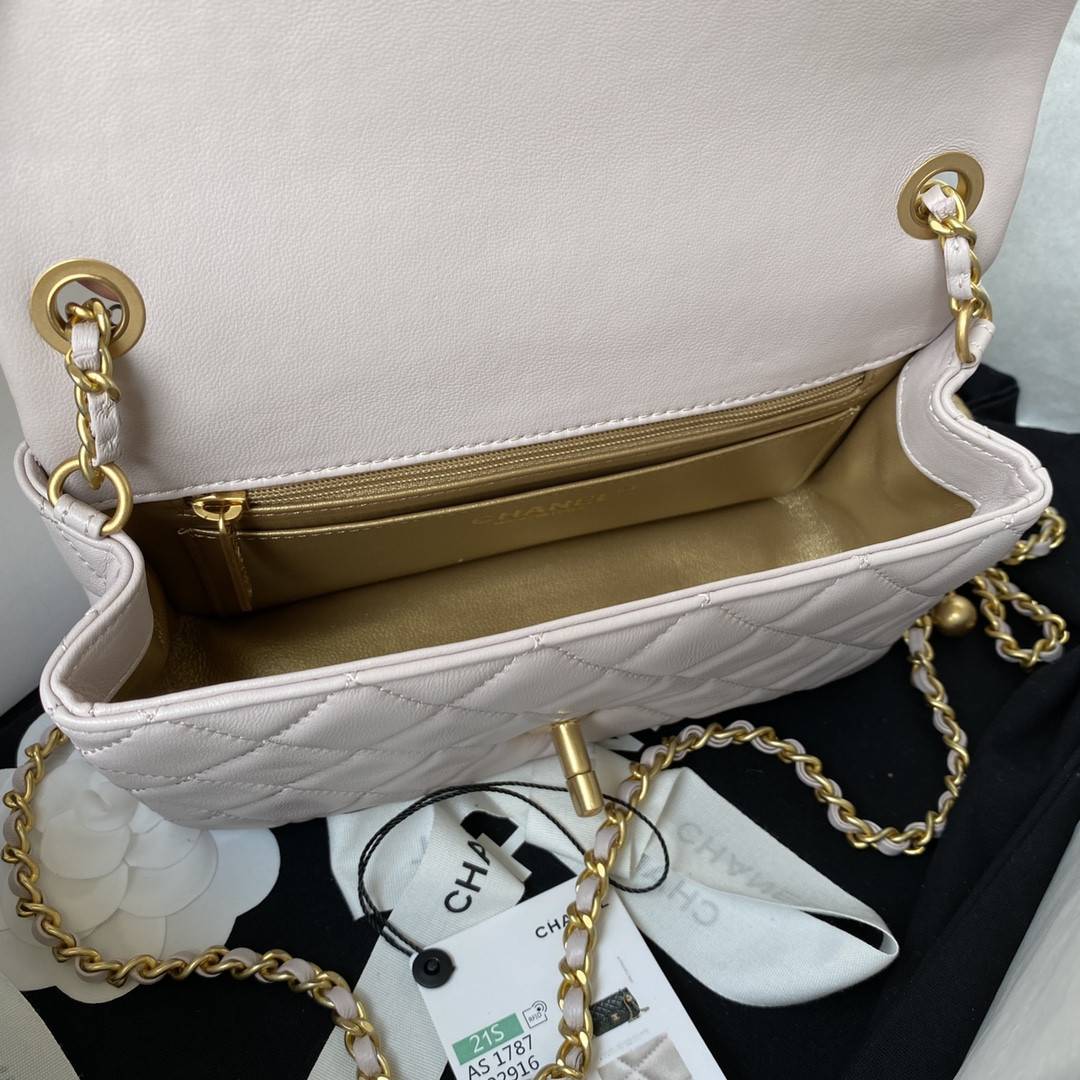 Ch*el mini flap bag shiny calfskin & gold-tone metal light pink 4.7 × 7.8 × 2.3 in