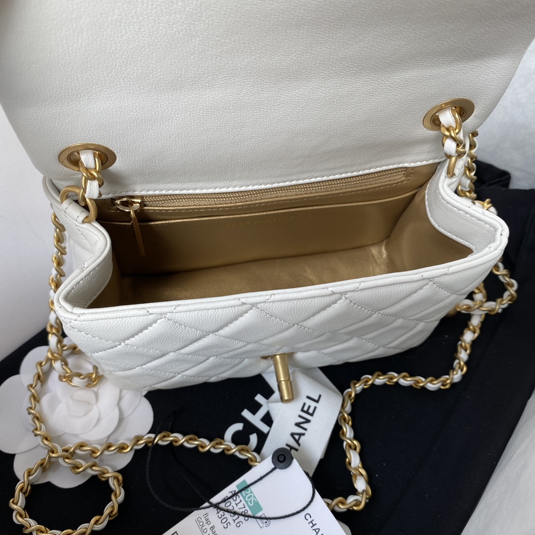 Ch*el mini flap bag shiny calfskin & gold-tone metal white 5.3 × 6.6 × 3.1 in