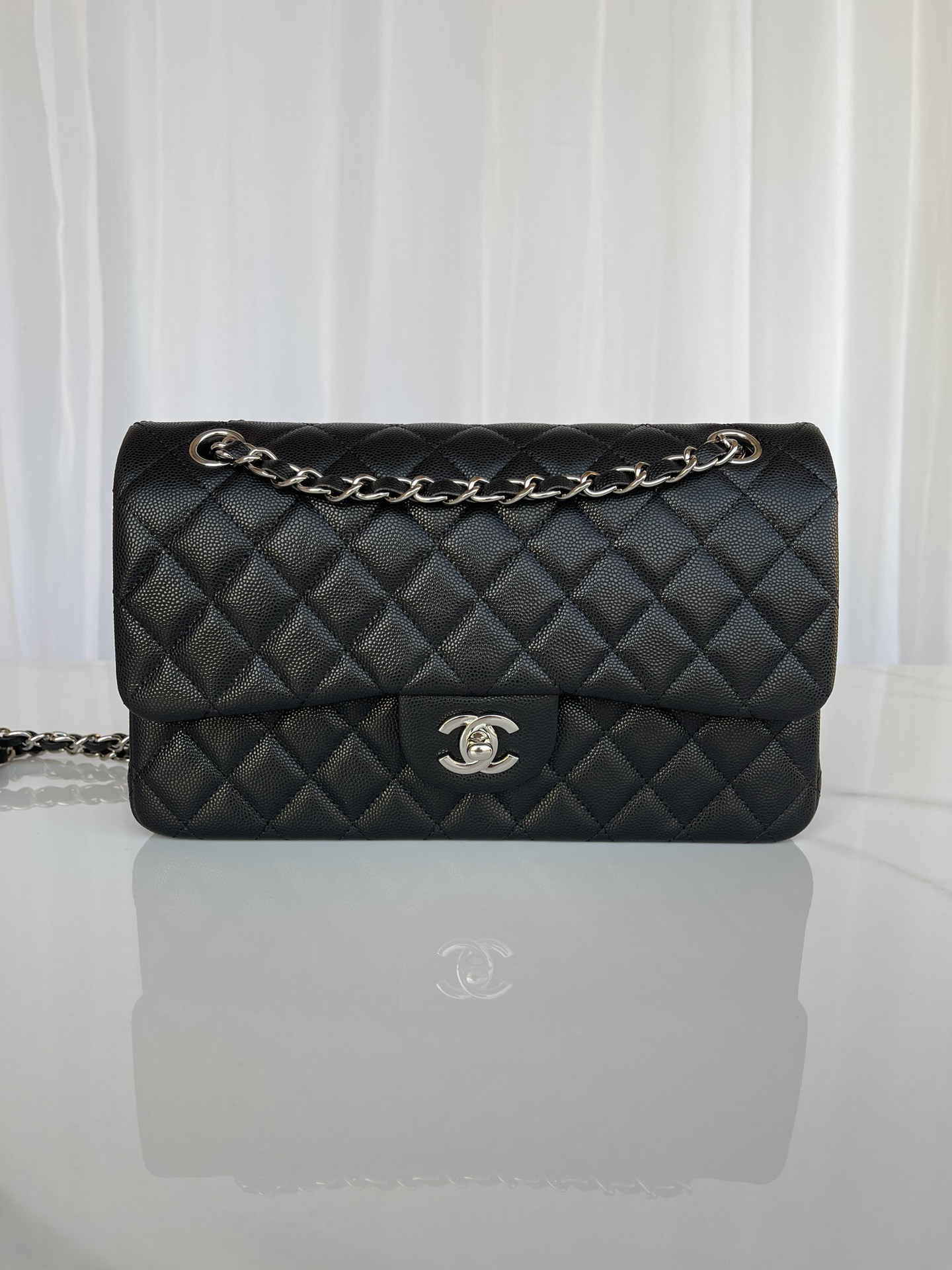 Ch*el classic handbag grained calfskin 6 × 9.9 × 2.5 in