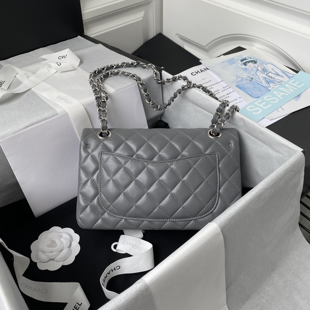 Ch*el small classic handbag grained shiny calfskin & silver-tone metal gray 5.7 × 9 × 2.3 in