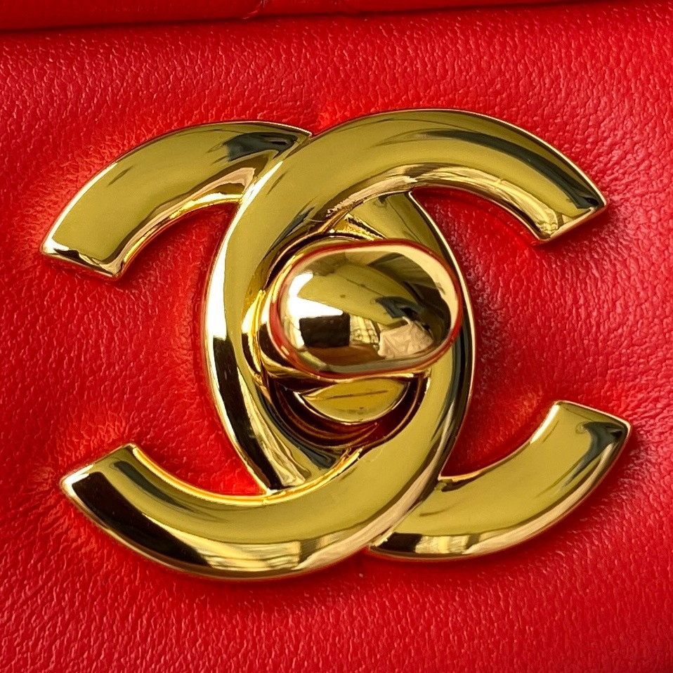 Ch*el small classic handbag lambskin & gold-tone metal red 5.7 × 9 × 2.3 in