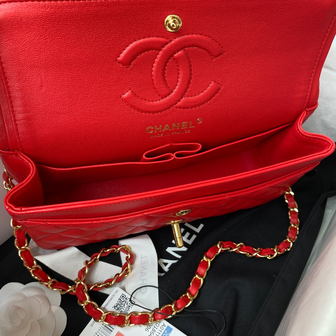 Ch*el small classic handbag lambskin & gold-tone metal red 5.7 × 9 × 2.3 in