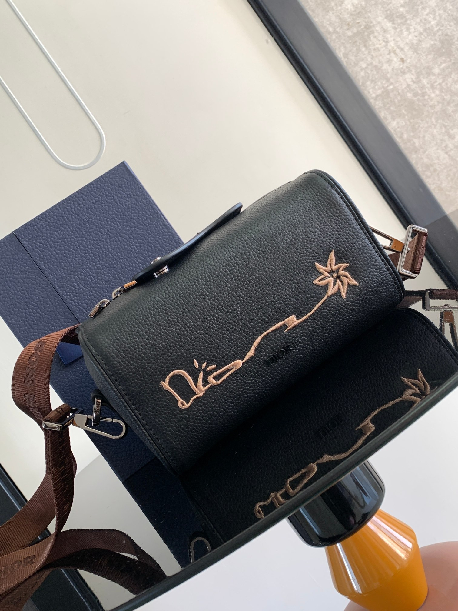D*or lingot toiletry bag grained leather black black oblique mirage technical fabric 8.5 x 5 x 4 inches