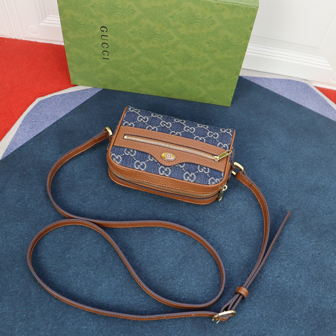 g*u*i ophidia gg mini top handle bag De*1m blue 6.8 w x 4.7 h x 2.1 d