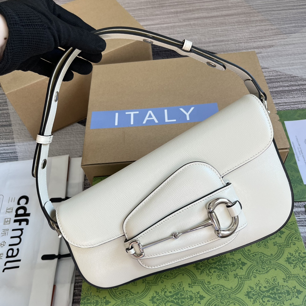 G*u*i horsebit 1955 small shoulder bag white 10.4"w x 6.7-4.1"h x 3.1-1.6"d