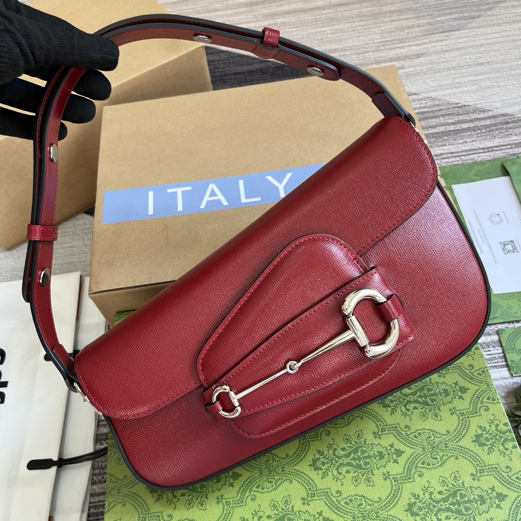 G*u*i horsebit 1955 small shoulder bag red 10.4"w x 6.7-4.1"h x 3.1-1.6"d