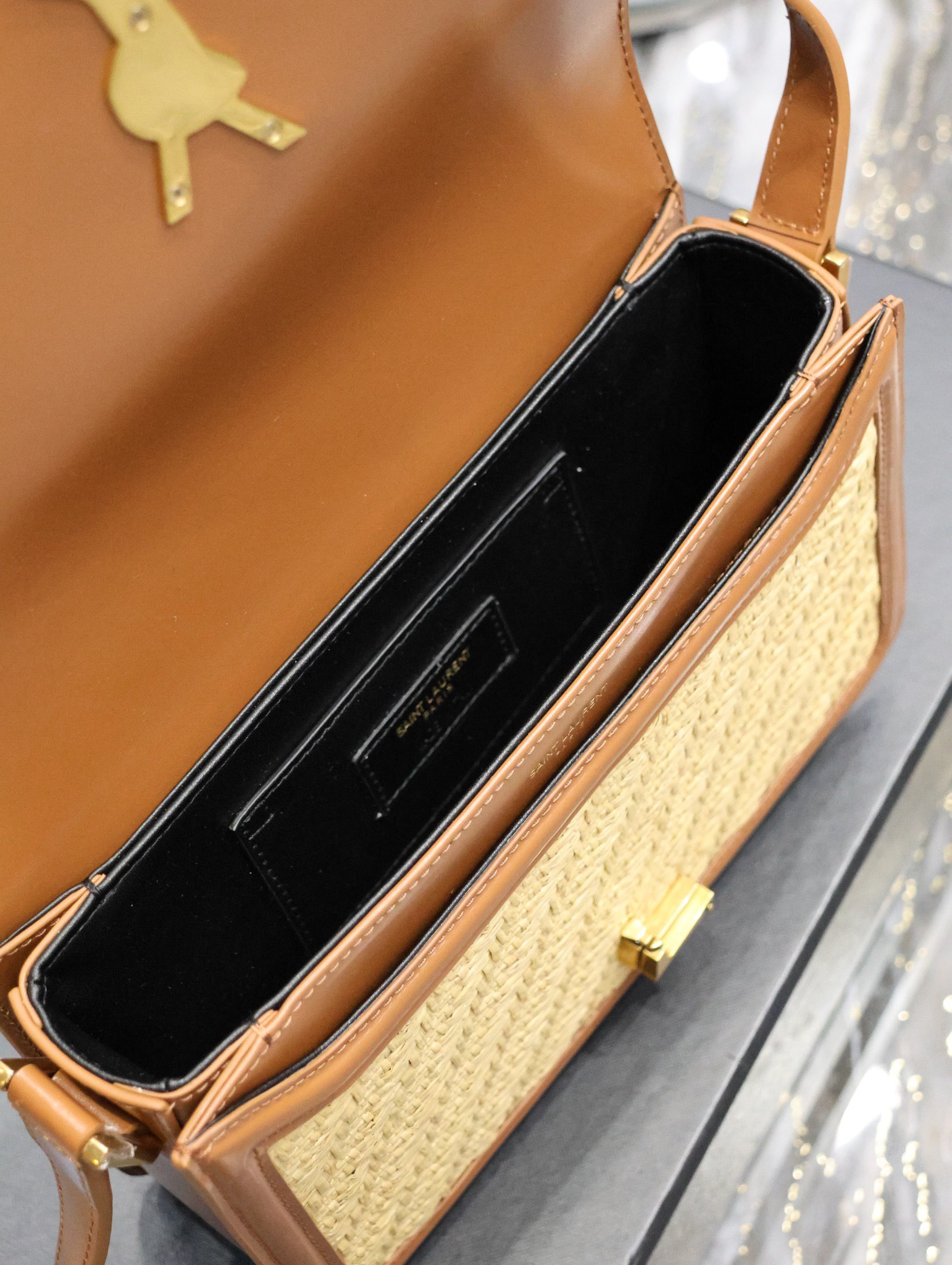y*l solferino medium satchel in raffia and vegetable-tanned leather natural sand and bR1ck 9.8 x 6.7 x 2 inches