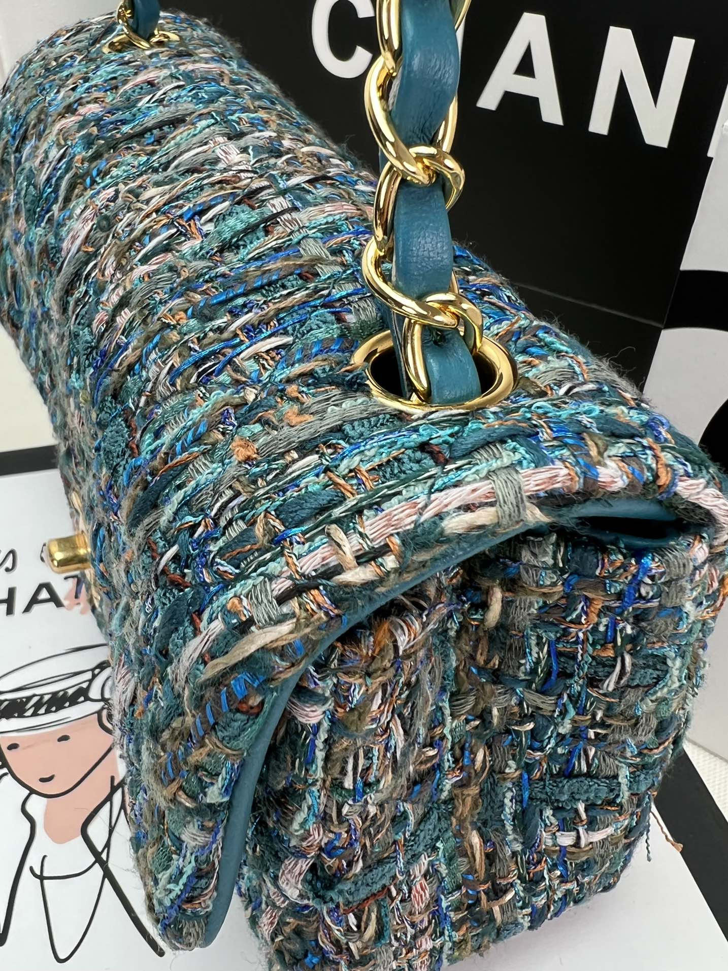 Ch*el mini classic 11.12 handbag tweed & gold-tone metal 4.7 × 7.8 × 2.3 in