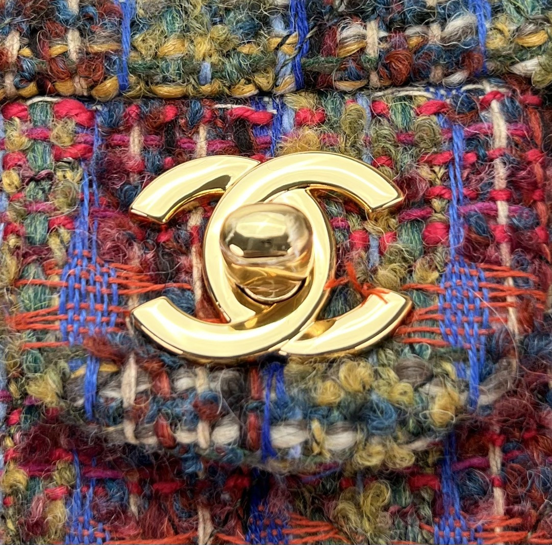 Ch*el mini classic 11.12 handbag tweed & gold-tone metal 4.7 × 7.8 × 2.3 in