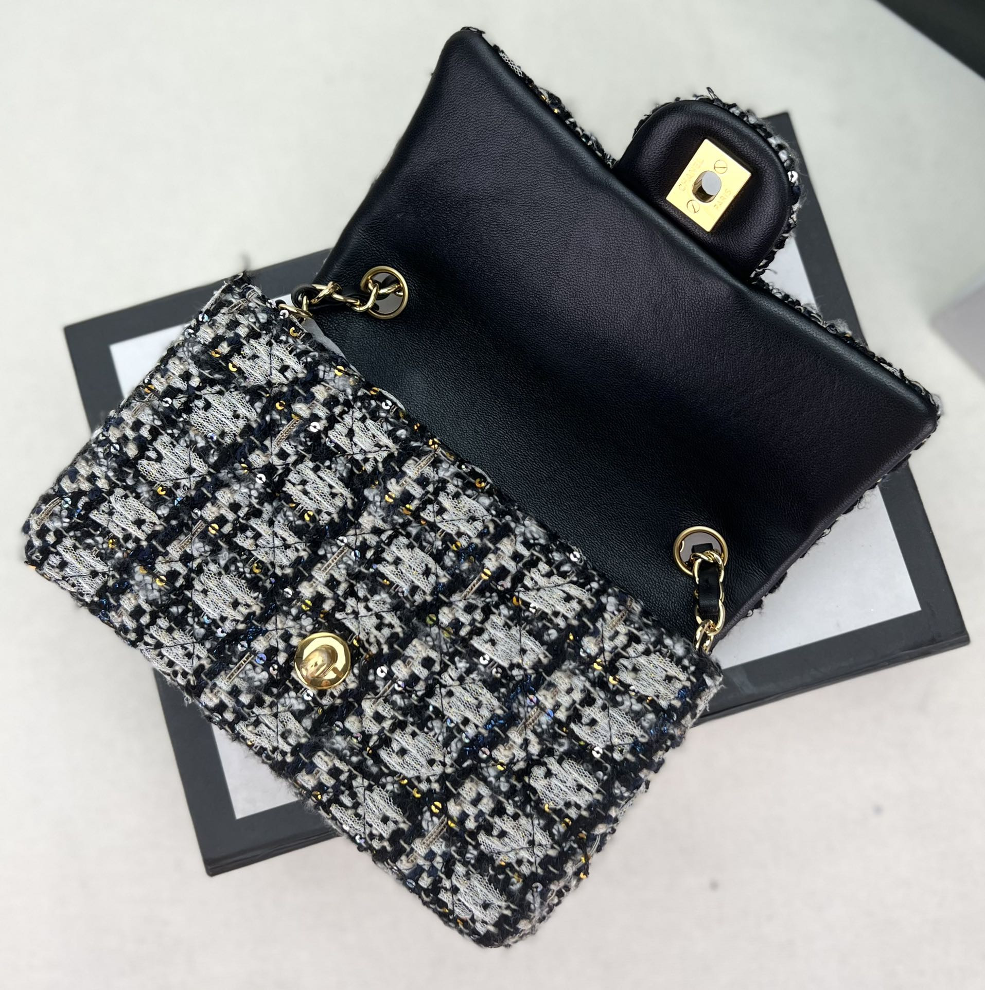 Ch*el mini classic 11.12 handbag tweed & gold-tone metal 4.7 × 7.8 × 2.3 in
