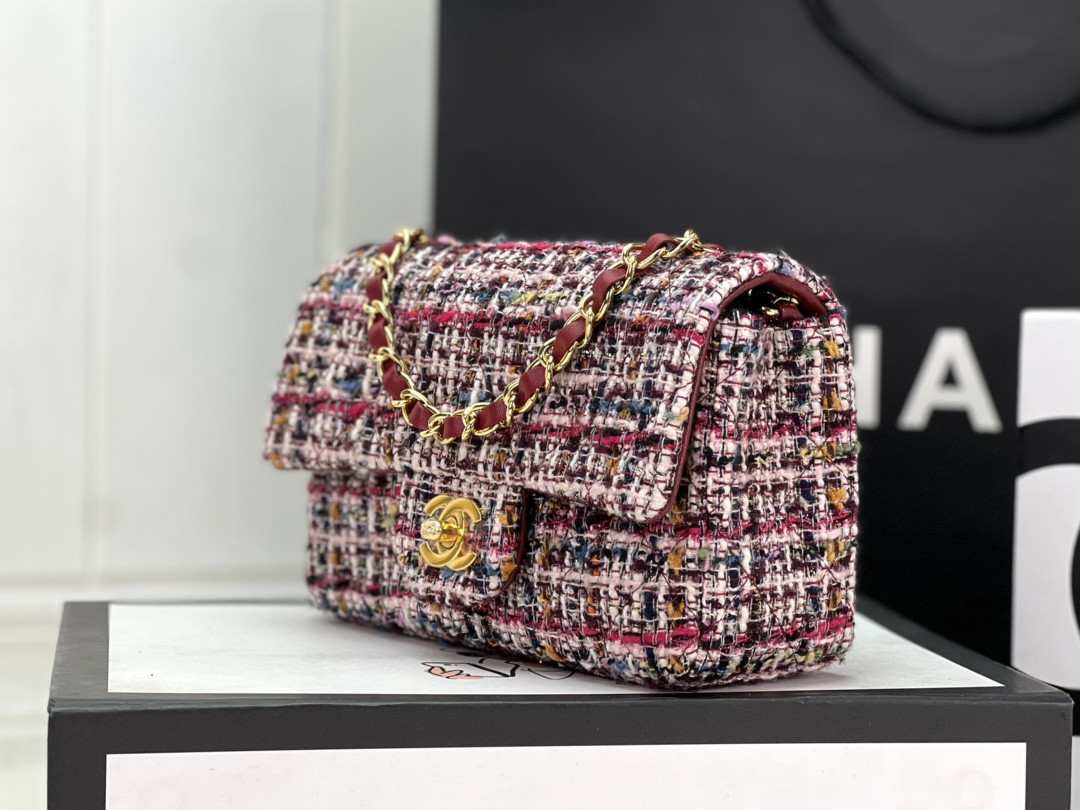Ch*el mini classic 11.12 handbag tweed & gold-tone metal 4.7 × 7.8 × 2.3 in