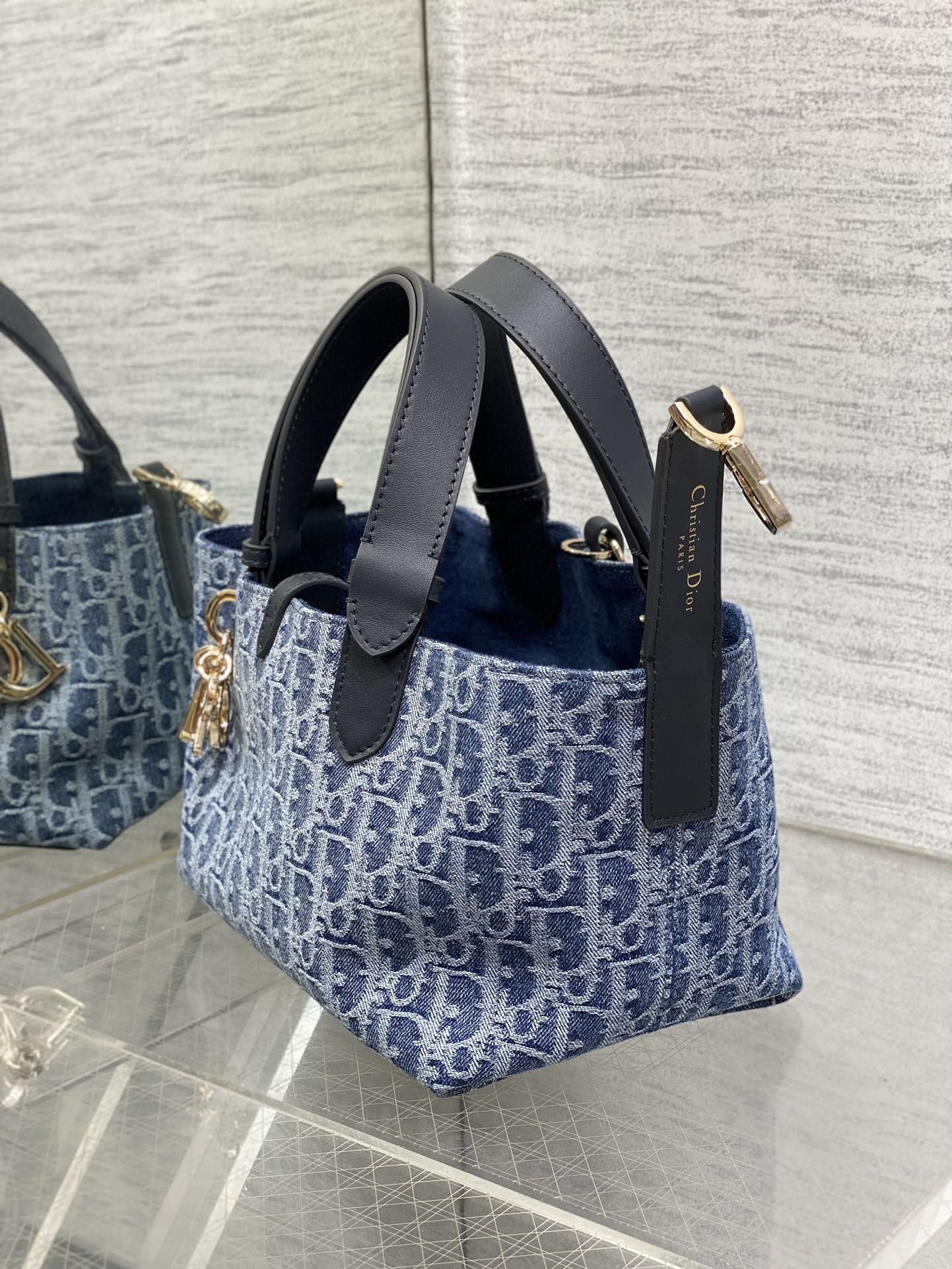 small d*or toujours bag  blue De*1m d*or oblique jacquard 23 x15 x15cm