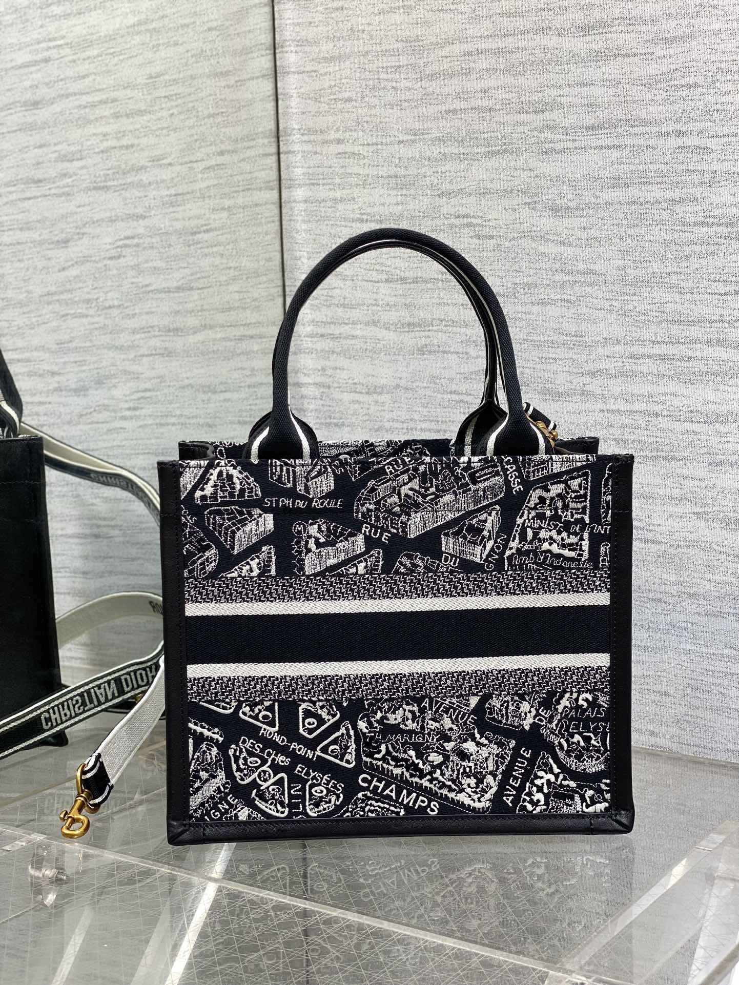 D*or small D*or book tote white and black plan de paris embroidery and black calfskin 26.5 x 21 x 14 cm