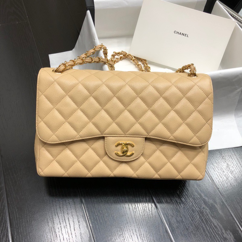 Ch@nel Flap Bag-Cavir Leather-Gold-30CM