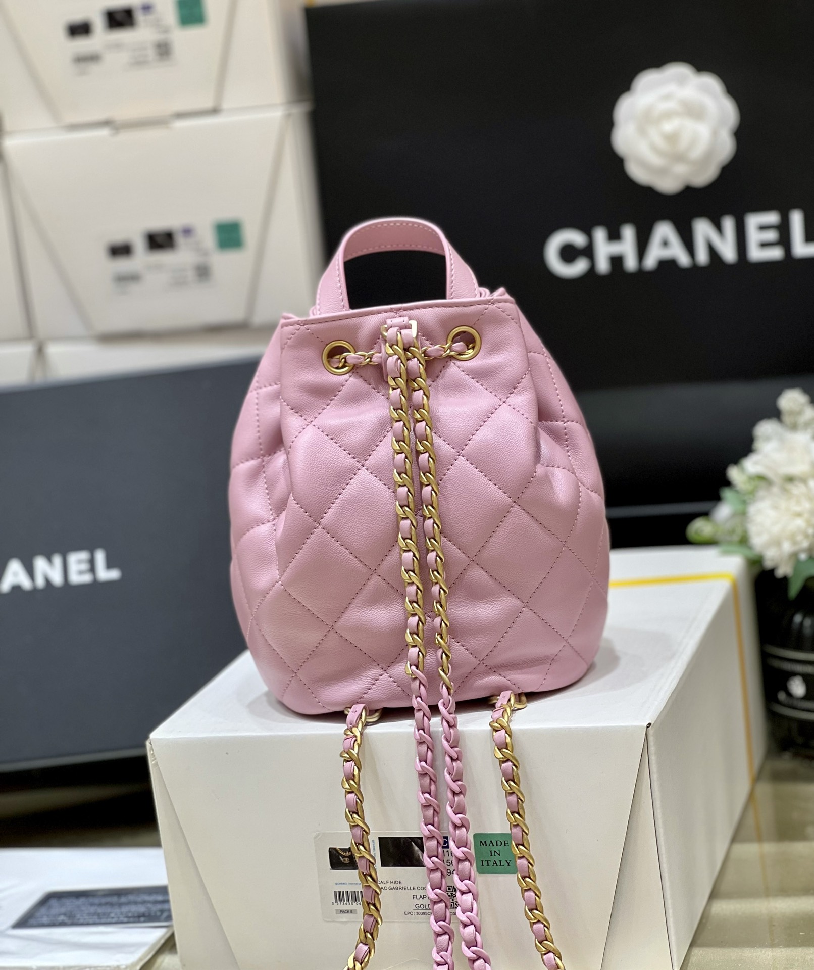 Ch@nel Drawstring Bucket Backpack -16.5*20*11.5CM
