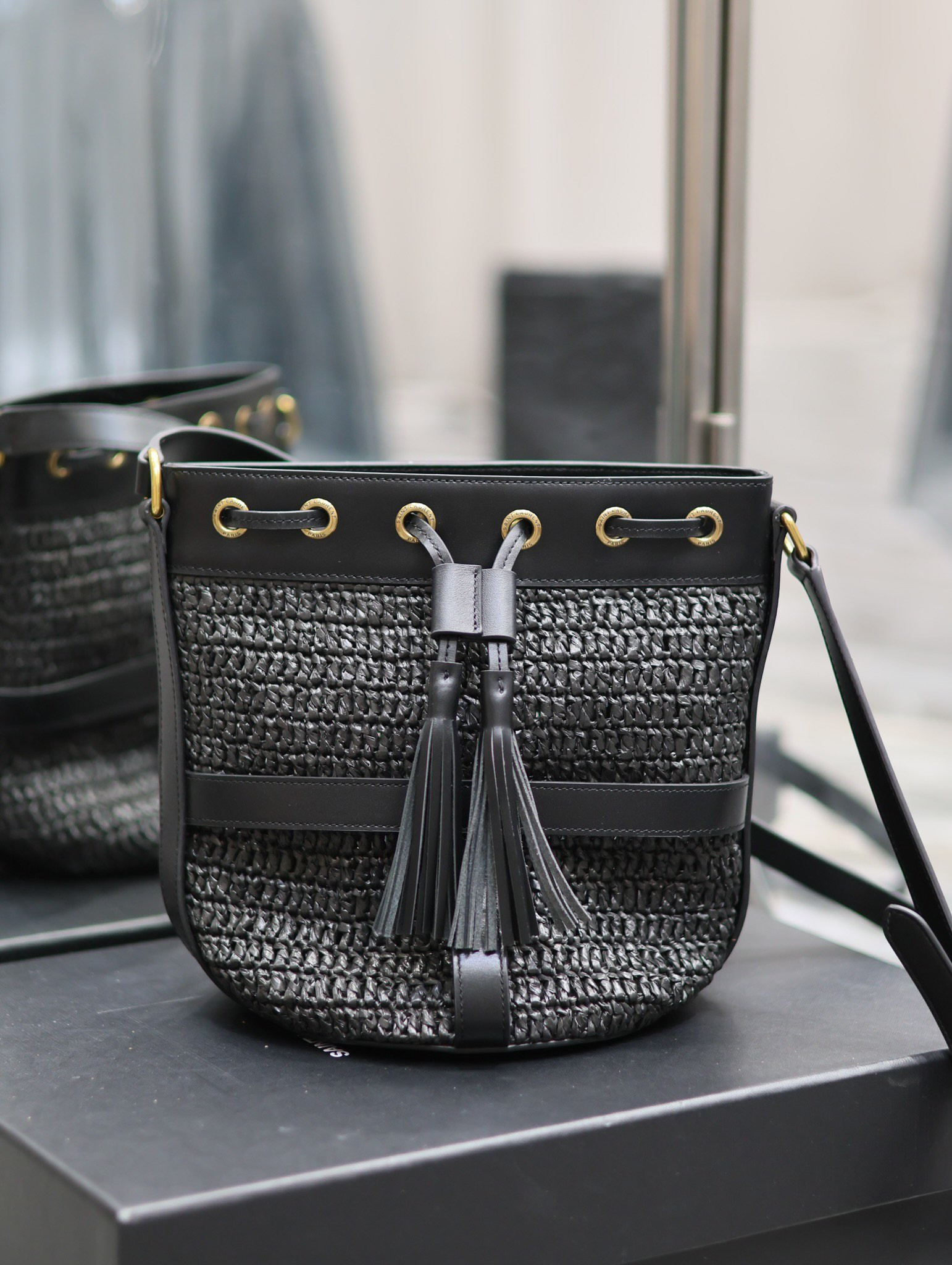 Y*L raffia straw craft bucket bag-22×15×15cm