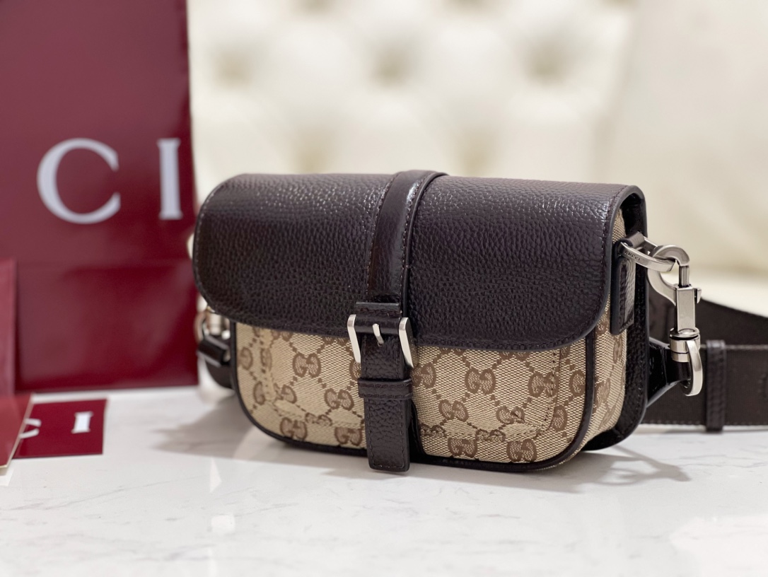 gv*c* bi-color gg S*per mini bag in beige and dark brown gg -20 × 13 × 5cm