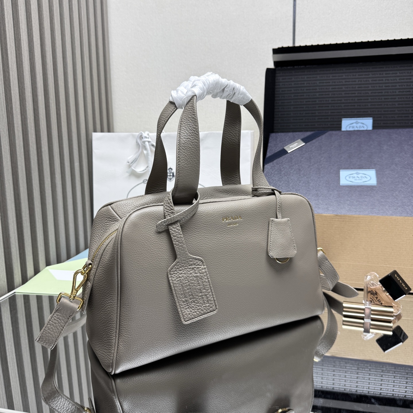 Pra*a Leather Handbag 1BB148-33*22*14CM