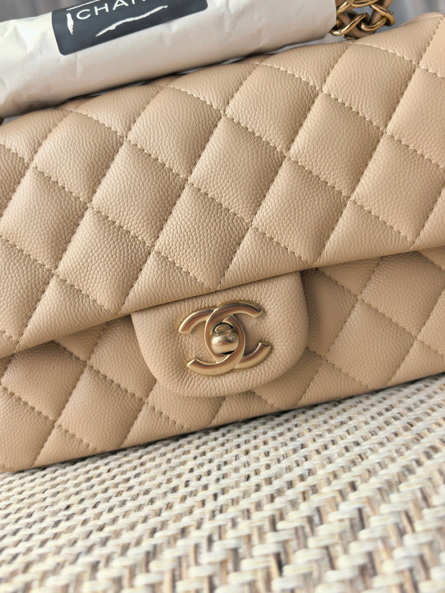 Ch**el mini flap bag milky tea color light gold hardware 20x12x6cm