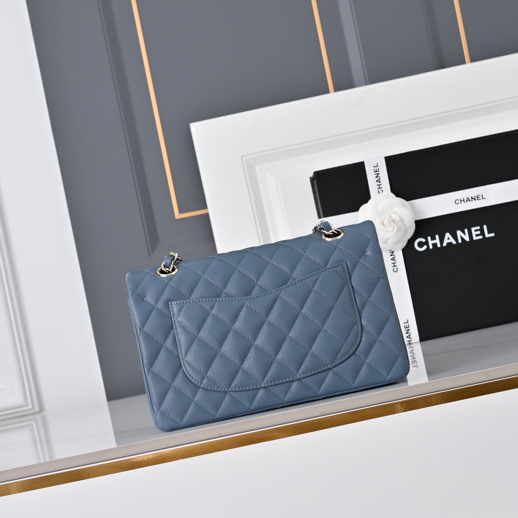 Ch**el classic flap handbag dusty blue with light gold hardware and caviar leather a01113 23x14.5x6cm