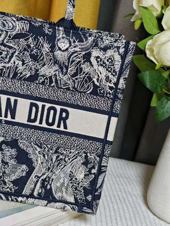 LARGE D10r BOOK TOTE Blue and Ecru Toile de Jouy Reverse Embroidery 16.5 x 14 x 7.5 inches