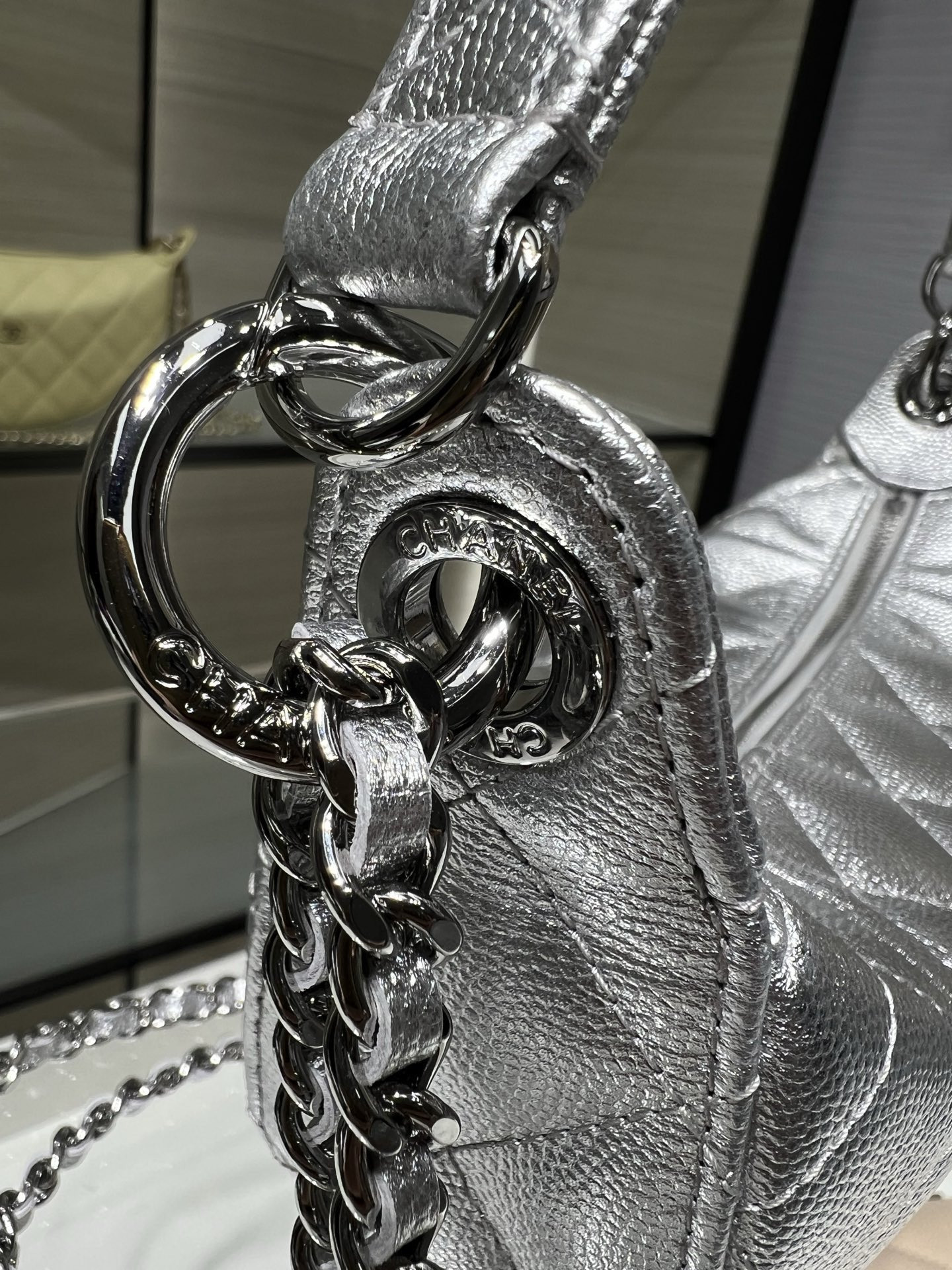 Ch**el clutch with chain silver hardware ap5094 15x22x6cm