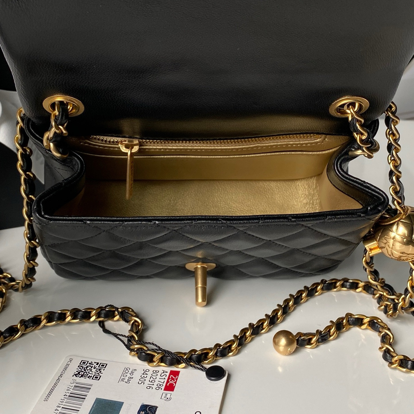Ch**el MINI FLAP BAG SHINY CALFSKIN & Gold-Tone METAL BLACK 5.3 × 6.6 × 3.1 in