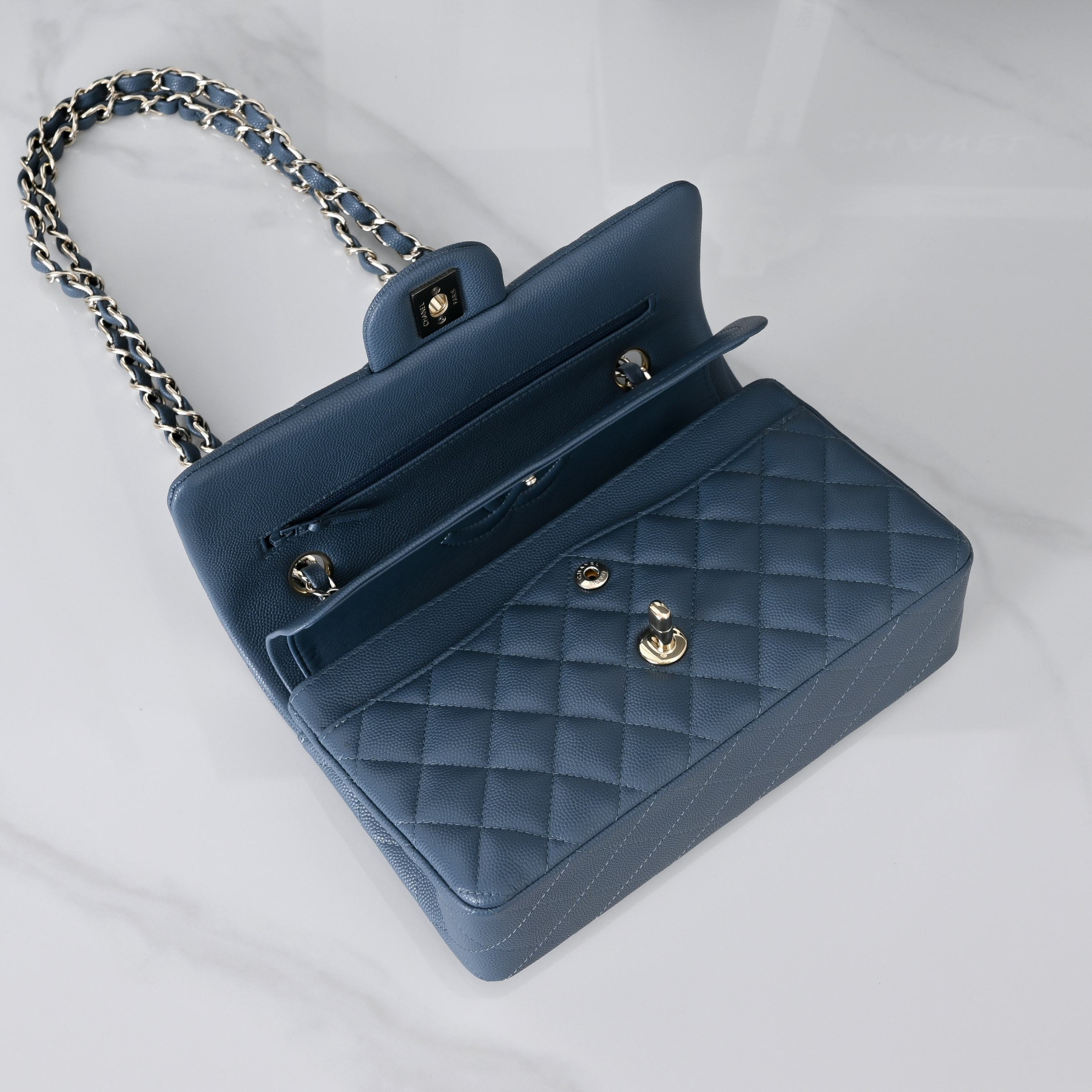 Ch**el classic flap handbag dusty blue with light gold hardware and caviar leather a01113 23x14.5x6cm