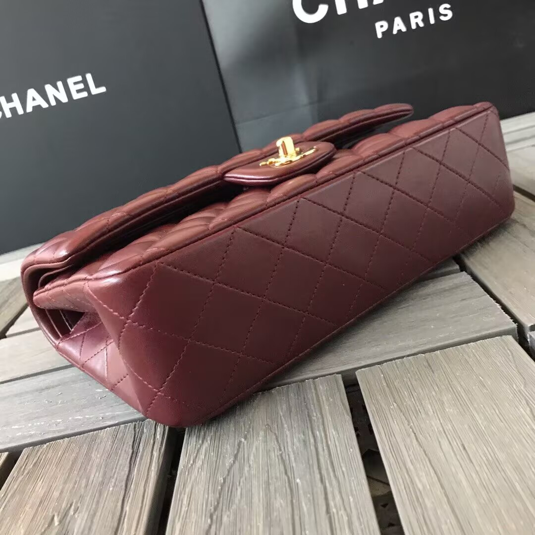 Ch**el CLASSIC 11.12 HANDBAG  Lambskin &Brown Metal Burqundy 15.5 x 25.5 x 6.5 cm