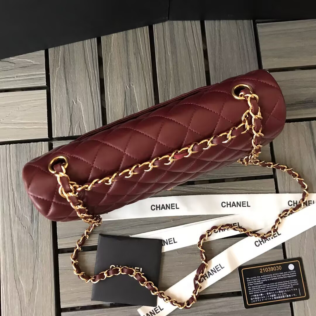 Ch**el CLASSIC 11.12 HANDBAG  Lambskin &Brown Metal Burqundy 15.5 x 25.5 x 6.5 cm