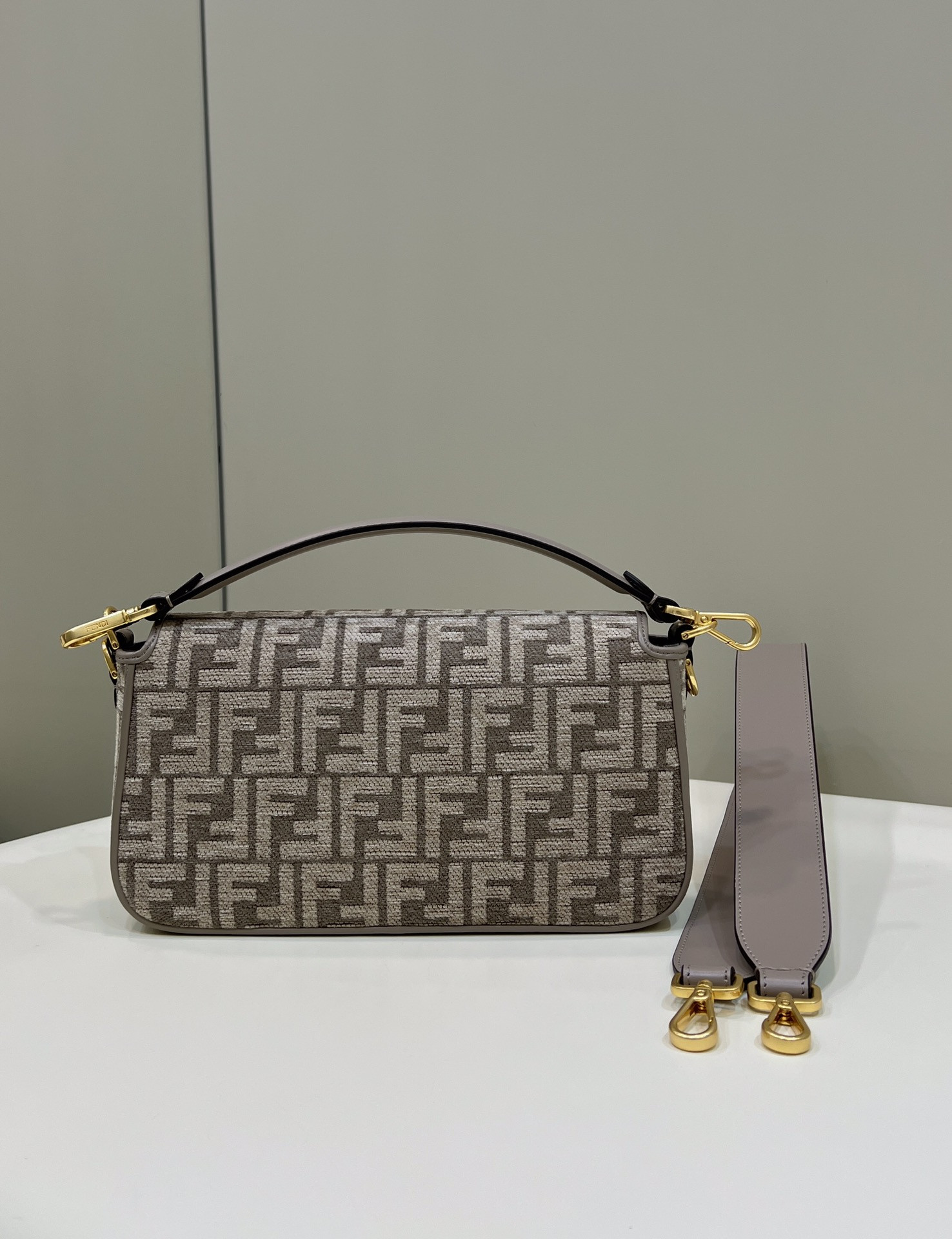 F**di Baguette Chain Midi dove gray tapestry fabric bag with FF motif 14.5x7x24 cm