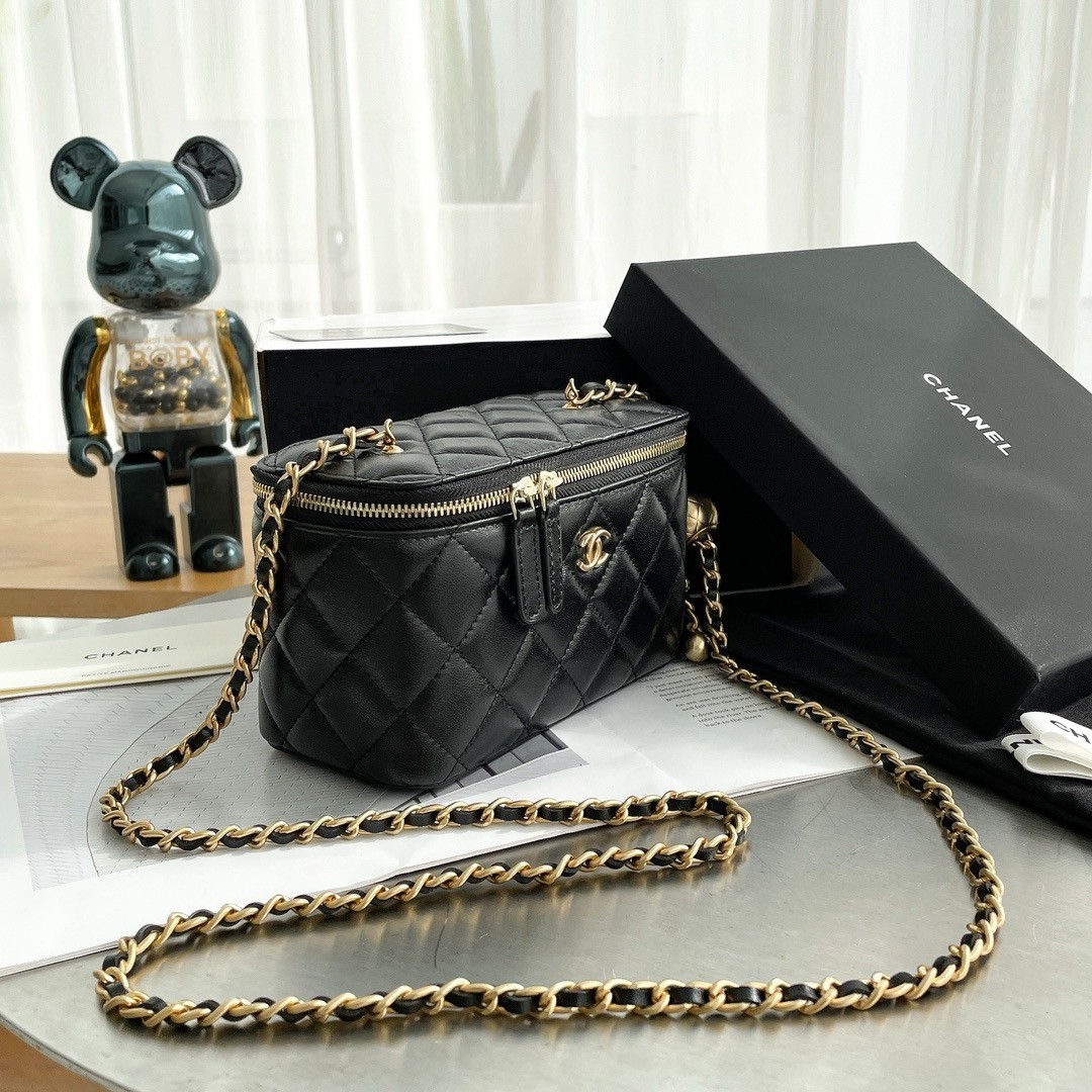 Ch**el Walnut Gold Ball Chain with Makeup Mirror Lamb Leather Square Box Shoulder Bag Women
