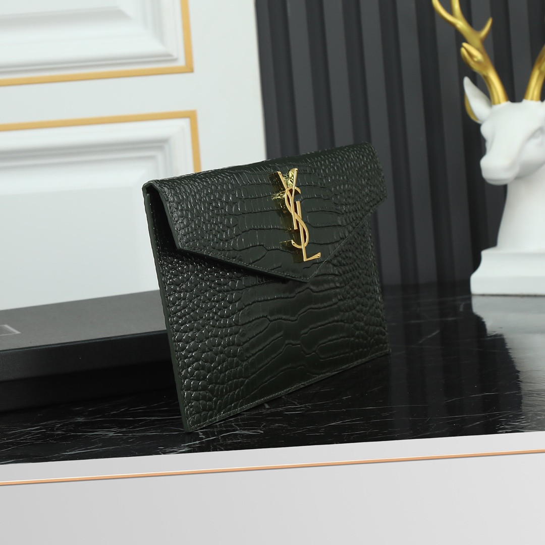 Y51 uptown pouch in crocodile-embossed shiny leather green 10.6 x 6.2 x 0.7 inches