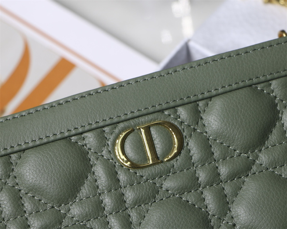 D10r CARO ZIPPED POUCH WITH CHAIN Green S*pple Cannage Calfskin 19 x 14 x 4.5 cm