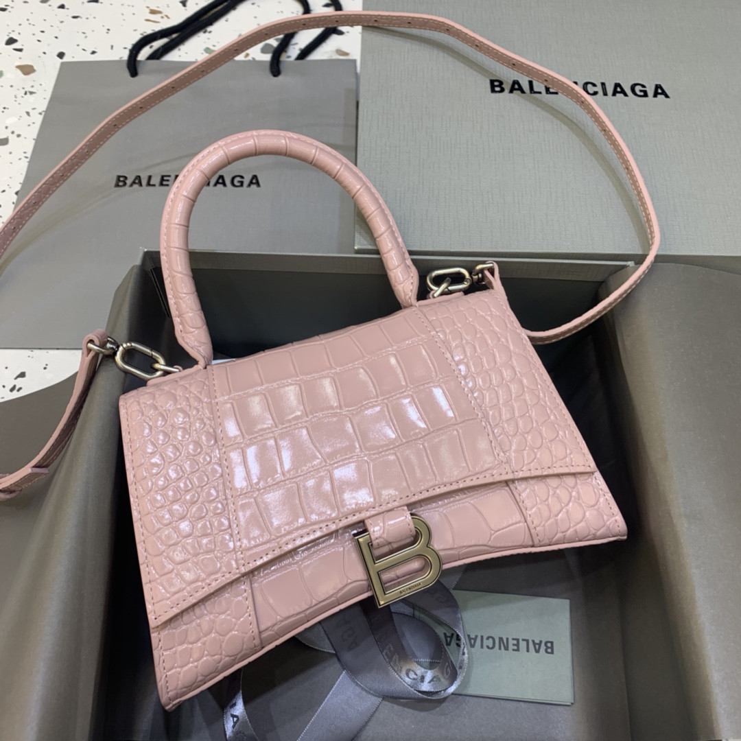 Ba1en*iaga WOMEN'S HOURGLASS SMALL HANDBAG CROCODILE EMBOSSED IN PINK L9 x H5.5 x W3.9 inch