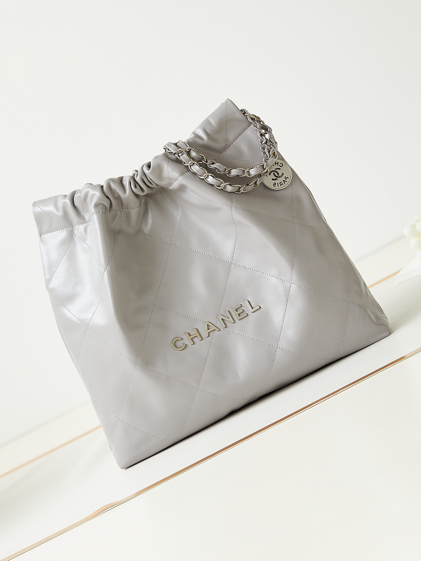 Ch**el 22 SMALL HANDBAG Shiny Calfskin grey 15.2×16.4×3.1 in