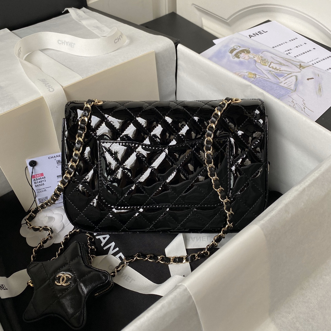 Ch**el FLAP BAG & STAR COIN PURSE BLACK 15.5×24×7.5cm